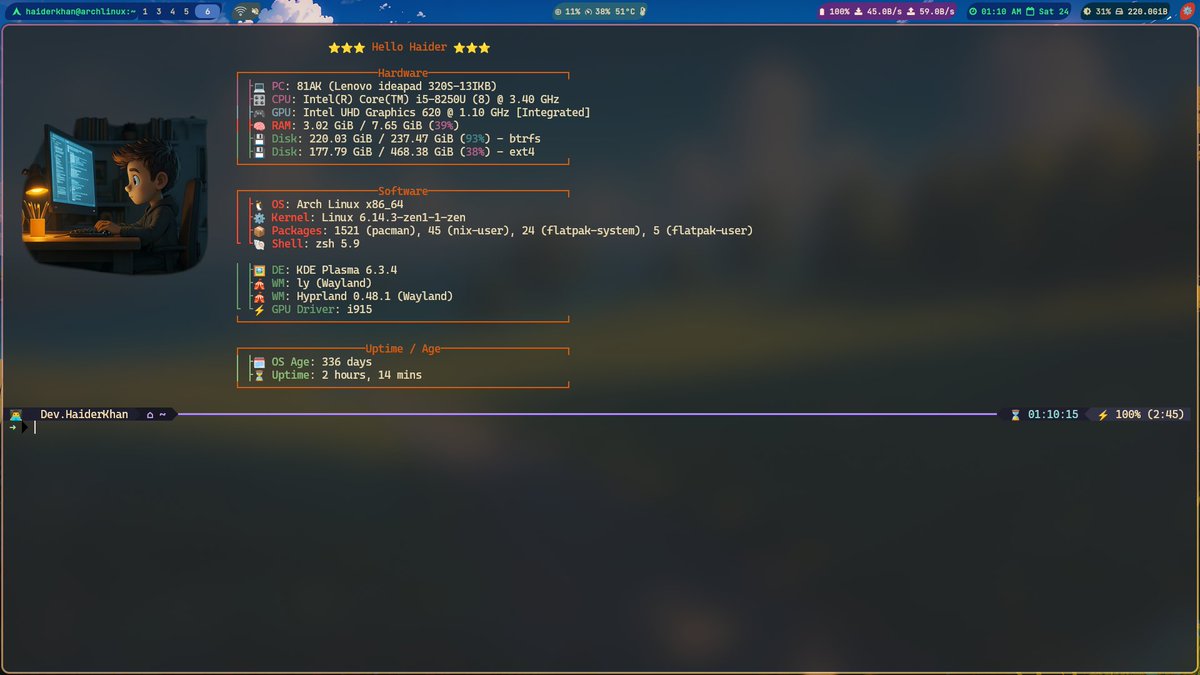 After 336 days of using Arch Linux daily, I finally switched to NixOS + Hyprland.

Arch taught me how Linux works — how to break it (and fix it) — and truly own my system.

Now I’m chasing stability with declarative configs and reproducibility.

Thanks, Arch. ❤️🐧
#Linux #NixOS
