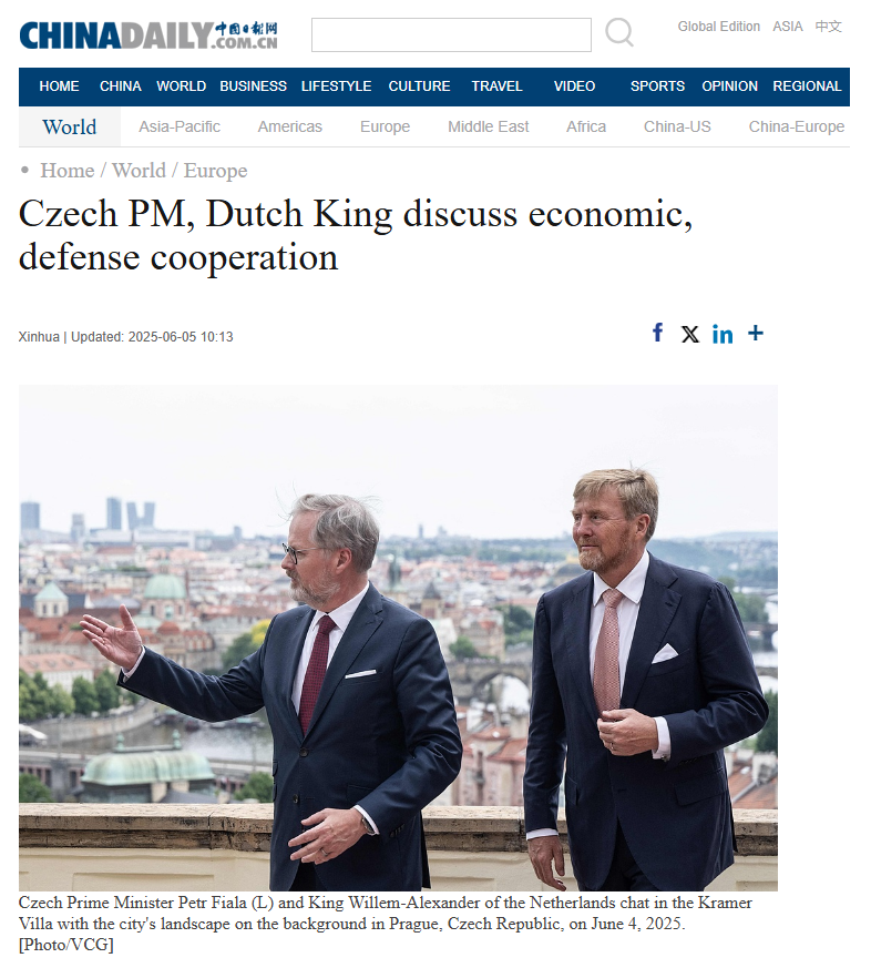 I deník vlastněný ústředním oddělením propagandy Komunistické strany Číny si návštěvy nizozemského královského páru v Praze všiml.
chinadaily.com.cn/a/202506/05/WS…