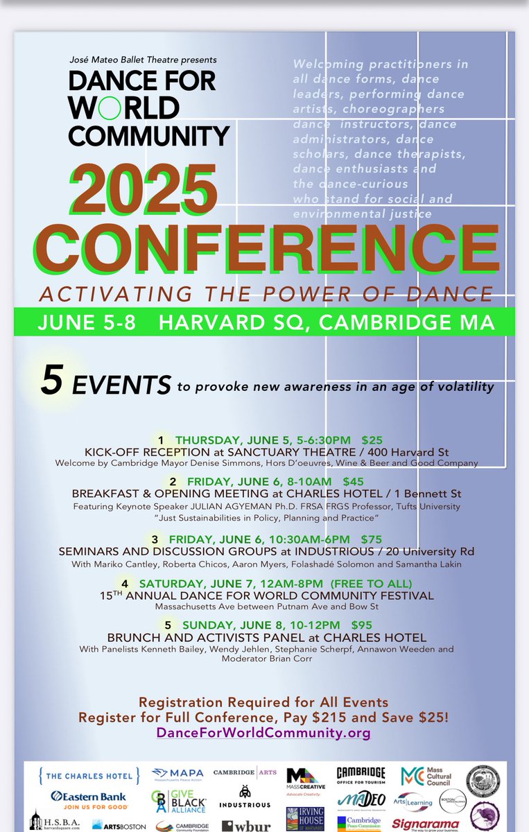 🎉 The Dance for World Community 2025 Conference officially kicks off tonight in Harvard Square! 💃🏽🕺🏾
We’re gathering artists, dancers, leaders, and changemakers to explore how dance can activate justice, connection, and healing in these volatile times.

✨ And don’t miss the