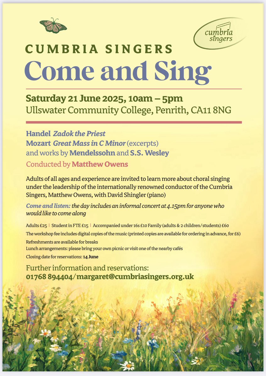 Northern England/southern Scotland singers: it would be great to see you for this Come &amp; Sing Day on Sat 21 June, with the Cumbria Singers, accompanied by David Shingler of <a href="/CarlisleCath/">Carlisle Cathedral</a>. Beautiful music by Mozart, Mendelssohn, Handel, and S.S. Wesley. Do join us if you can!