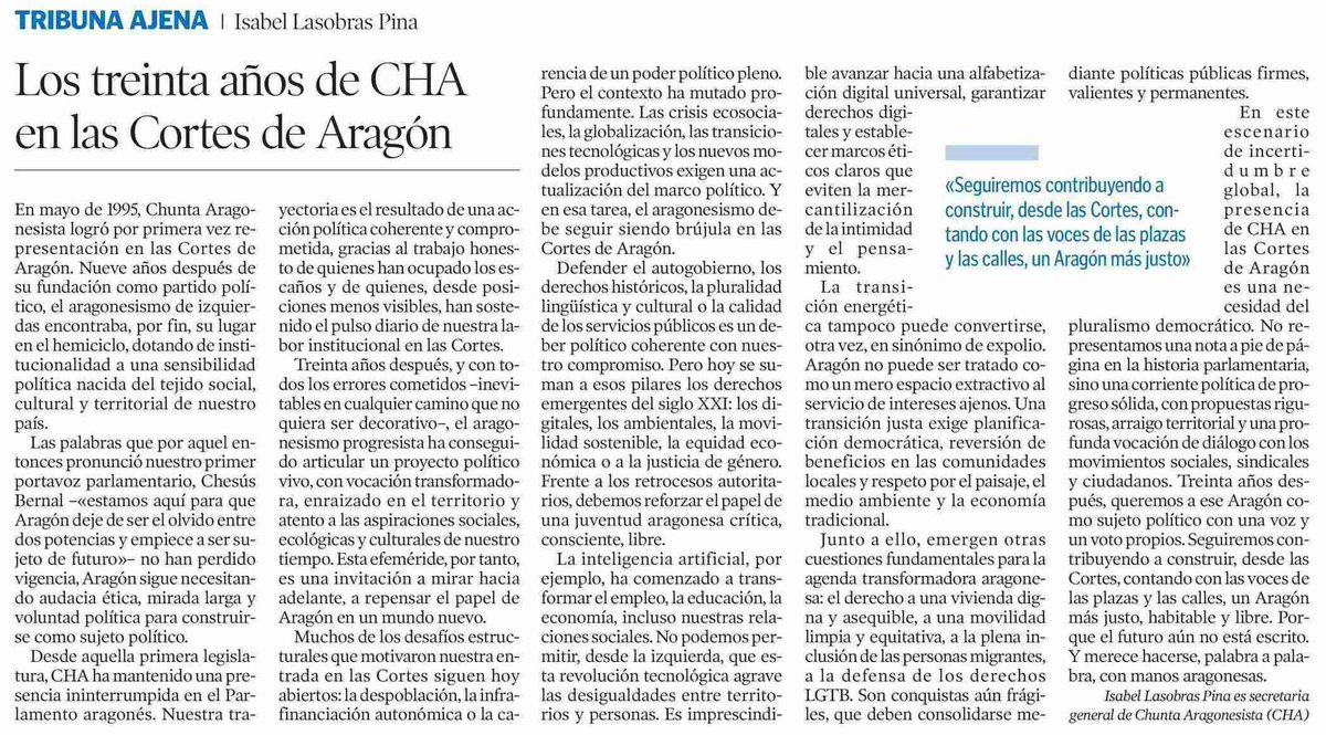 📰 <a href="/heraldoes/">Heraldo de Aragón</a> 

✍️ Artículo de <a href="/isabelasobras/">Isabel Lasobras</a>
🏛️ Los treinta años de CHA en las Cortes de Aragón

"Seguiremos contribuyendo a construir, desde las Cortes, contando con las voces de las plazas y las calles, un Aragón más justo"