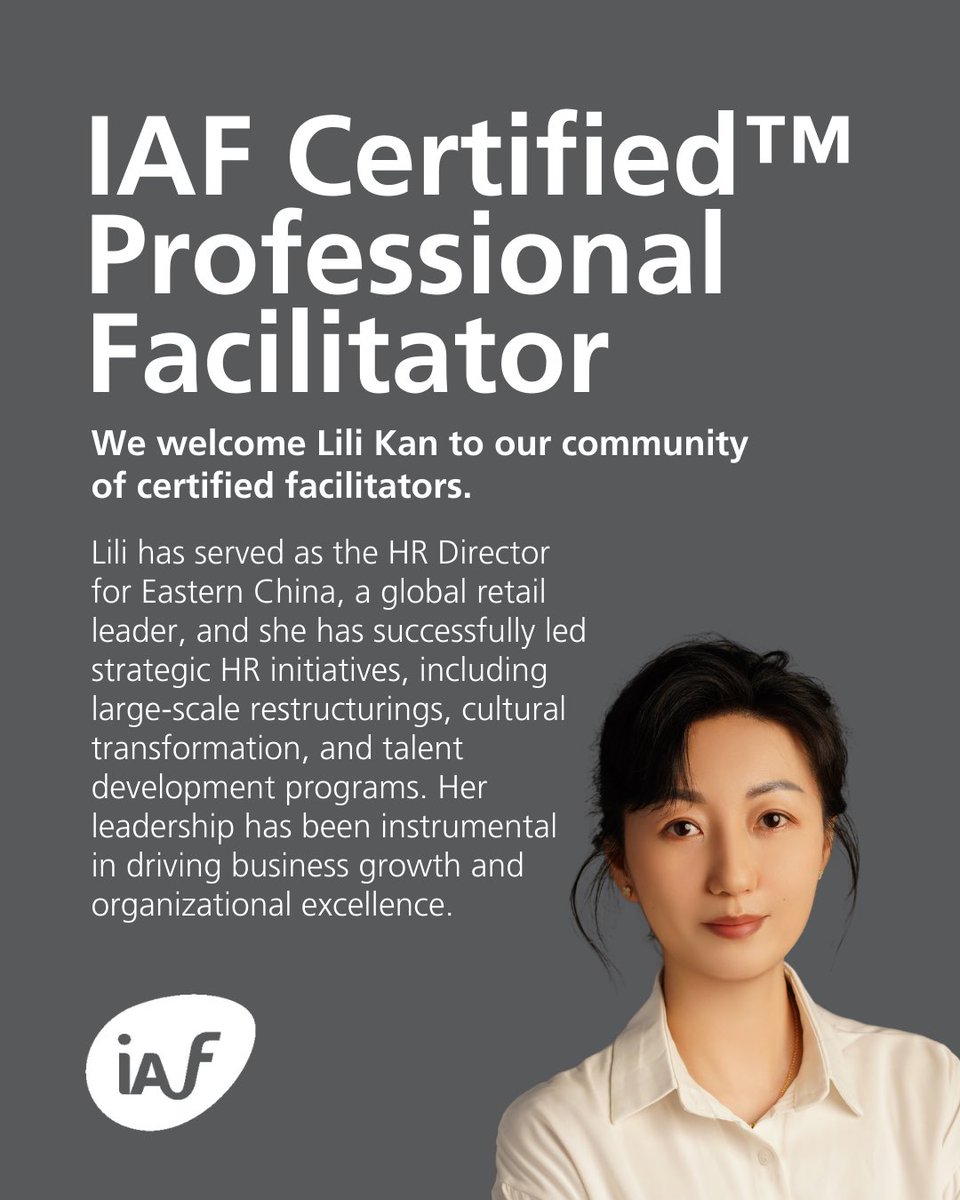 IAF (@iafacilitators) on Twitter photo We congratulate Lili Kan for becoming a Certified⢠Professional Facilitator.
For more information on becoming IAF Certified or to submit your application, we invite you to contact the Certification Office at certification@iaf-world.org
#FacilitationHasImpact We congratulate Lili Kan for becoming a Certified⢠Professional Facilitator.
For more information on becoming IAF Certified or to submit your application, we invite you to contact the Certification Office at certification@iaf-world.org
#FacilitationHasImpact