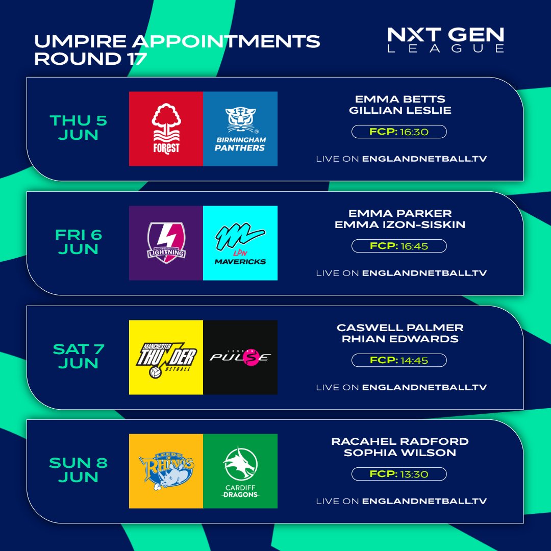 It’s time to reveal the umpire appointments for Round 17 of the NXT Gen League.

🎥 Don’t miss a moment—watch live: englandnetball.tv

#OfficiatingFamily