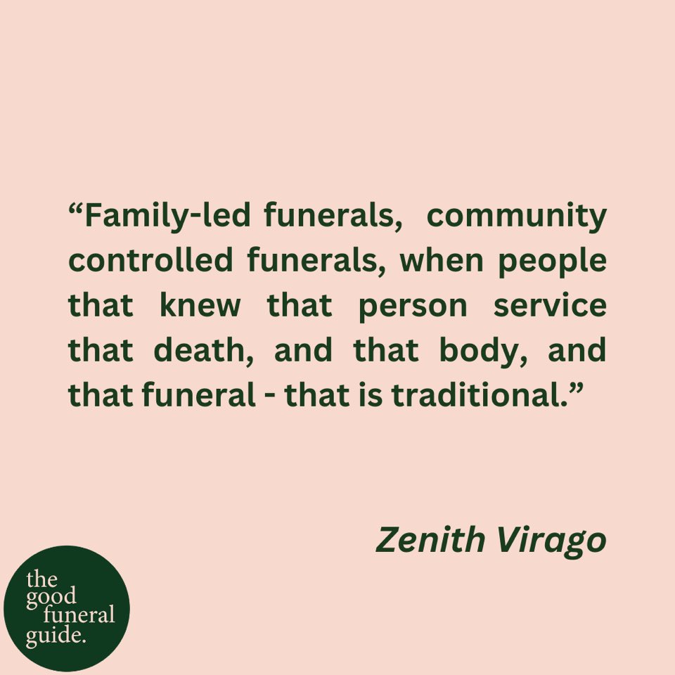 Traditional’ funerals.

Our patron @zenithvirago has a take on this. And we agree.

All so called ‘progressive’ funeral directors are the traditional ones, offering gentle, person-led communal services, led by the needs of bereaved people.

Industrial funerals are not traditional