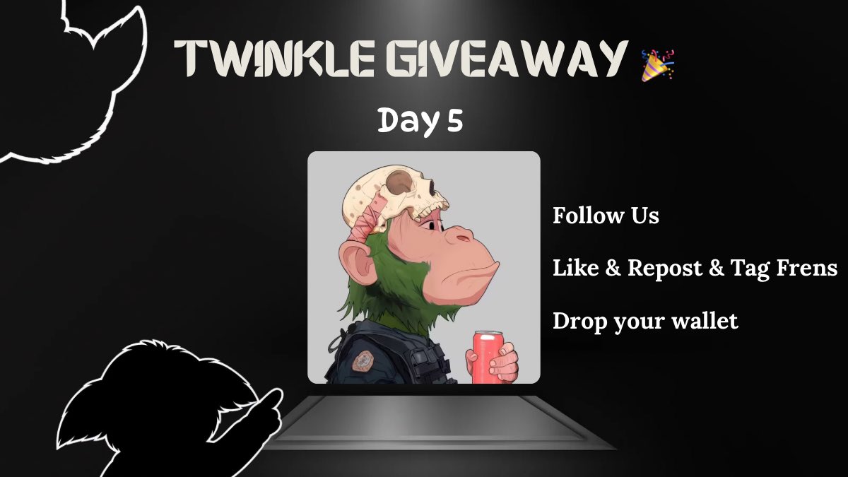 Twinkle On Ape (@twinkleonape1) on Twitter photo DAY 5 OF Twinkle Giveaway 🎉✨
We will give this <a href="/pwimates/">pwimates</a> to one lucky winner 🎊
To Enter : ⤵️
1️⃣Follow : <a href="/Twinkleonape1/">Twinkle On Ape</a> & <a href="/SH_base_/">Shark_Oo 🦈🦍</a>
2️⃣Like & Repost
3️⃣Tag your Apechain Frens
24 H ⏳ DAY 5 OF Twinkle Giveaway 🎉✨
We will give this <a href="/pwimates/">pwimates</a> to one lucky winner 🎊
To Enter : ⤵️
1️⃣Follow : <a href="/Twinkleonape1/">Twinkle On Ape</a> & <a href="/SH_base_/">Shark_Oo 🦈🦍</a>
2️⃣Like & Repost
3️⃣Tag your Apechain Frens
24 H ⏳