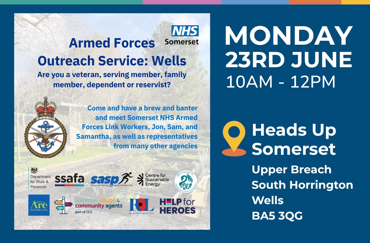 West Mendip Primary Care Network (@westmendippcn) on Twitter photo The next Armed Forces Outreach Service in Wells is on Mon 23 Jun at <a href="/HeadsUpSomerset/">Heads Up Somerset</a>.
<a href="/NHSSomerset/">NHS Somerset</a> Armed Forces Link Workers, and representatives from other agencies will be present to offer support & advice, should you need it.
More infoš nhssomerset.nhs.uk/armed-forces/a⦠The next Armed Forces Outreach Service in Wells is on Mon 23 Jun at <a href="/HeadsUpSomerset/">Heads Up Somerset</a>.
<a href="/NHSSomerset/">NHS Somerset</a> Armed Forces Link Workers, and representatives from other agencies will be present to offer support & advice, should you need it.
More infoš nhssomerset.nhs.uk/armed-forces/aā¦