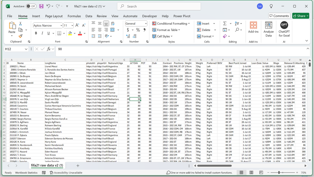 SJaelhard's tweet photo. Before charts, models, or dashboards, there’s one quiet hero behind every great data project: > data cleaning.

I worked on a FIFA dataset with 18,979 rows &amp; 77 cols full of mixed units, special characters, &amp; missing values. How I tackled it 👇
#DataCleaning #FIFAData #Excel https://t.co/KJTlalDpD4