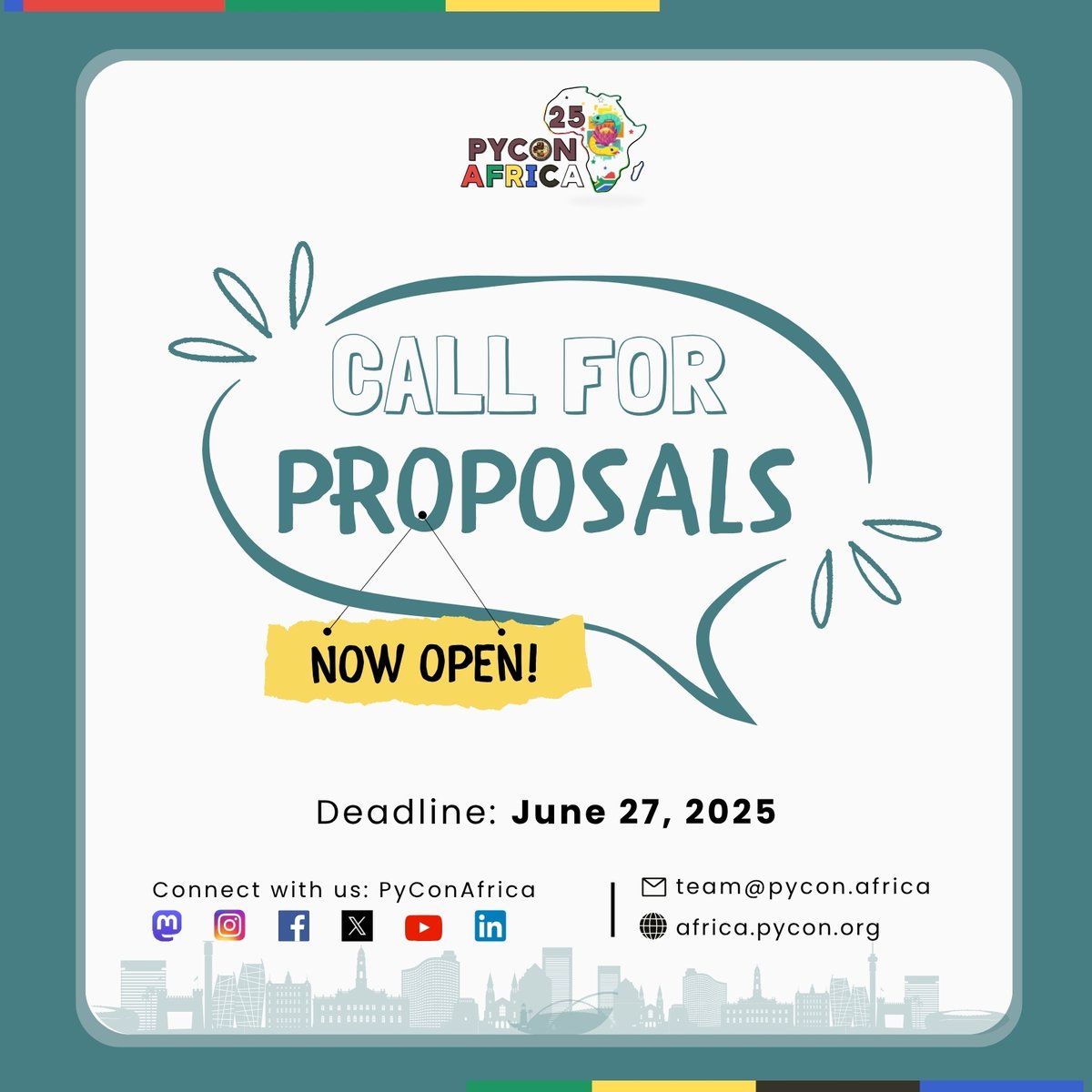 Hey friends 👋, 
We're thrilled to announce that we're now accepting proposals for 🐍  #PyConAfrica2025 , until ⏰27 June 2025 at 11:59 PM (UTC+2). 
💡Got a brilliant idea? We want to hear from you!   
🔗Apply today: za.pycon.org/pages/speaking…

#PyConAfrica #PyConAfrica25 #Python