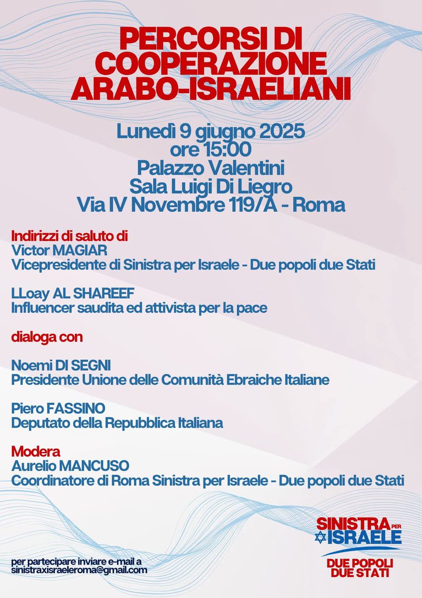 Sinistra per Israele 2 popoli 2 Stati (@sinistraxisrael) on Twitter photo 📌 Lunedì 9 giugno alle ore 15 un incontro con Lloay Al Shareef, blogger e promotore del dialogo interculturale tra arabi ed ebrei. Per partecipare all’incontro è necessario prenotarsi inviando una mail a ✉️👇🏻
sinistraxisraeleroma@gmail.com 📌 Lunedì 9 giugno alle ore 15 un incontro con Lloay Al Shareef, blogger e promotore del dialogo interculturale tra arabi ed ebrei. Per partecipare all’incontro è necessario prenotarsi inviando una mail a ✉️👇🏻
sinistraxisraeleroma@gmail.com