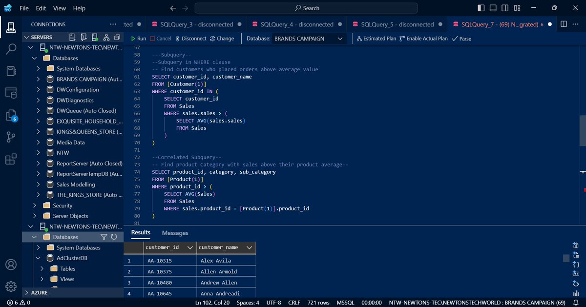 DaAnointedhands's tweet photo. Let me dump this here,
It's just being sitting on my laptop for months😁

Few sql basics
Inner Join
Left Join
Multiple Joins
Right Join
Full outer Join
Subquery in Where Clause
Correlated Subquery
Subquery in Select
Multiple Aggregations
Greatness is upon us💪
#workfromhometechie https://t.co/RPEDfeuv1q