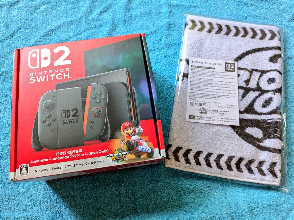 a0129834765's tweet photo. Switch2、本日発売初日の開店時間ピッタリに購入しに行ってきた(⁠.⁠ ⁠❛⁠ ⁠ᴗ⁠ ⁠❛⁠.⁠)
購入特典はオリジナルフェイスタオル👍

Switchを今まで使った事なかったから、今はこんな風にするんだと思いながら初期セッティングして、数年振りにゲーム＆マリオカートをした(⁠ ⁠ꈍ⁠ᴗ⁠ꈍ⁠) https://t.co/7fm4lS4DEh