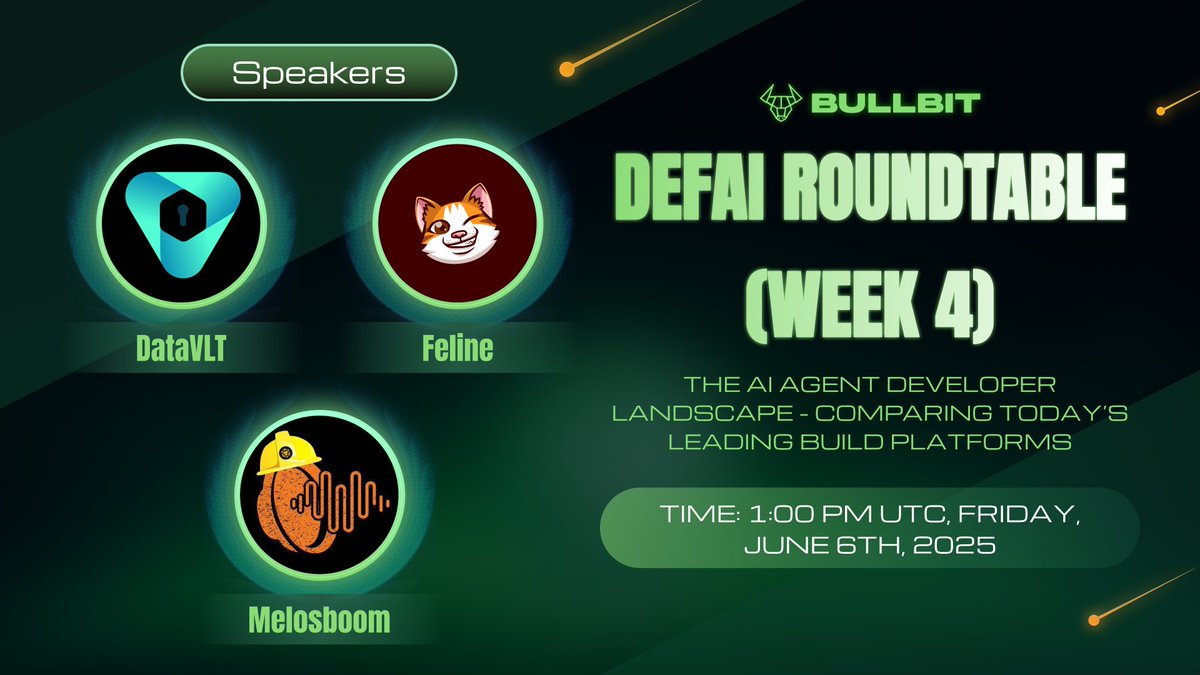 The AI Agent Developer Landscape - Comparing Today’s Leading Build Platforms 

DeFAI Roundtable week 4 has been activated!✅

Date: Friday, June 6th, 2025
Time: 1:00 PM UTC
Speakers: <a href="/DataVLTAI/">DataVLT</a> , <a href="/FelineFELAI/">Feline-FEL</a> ,  @Melosboom 
X Space link: x.com/i/spaces/1ynJO… 

Circle the time,