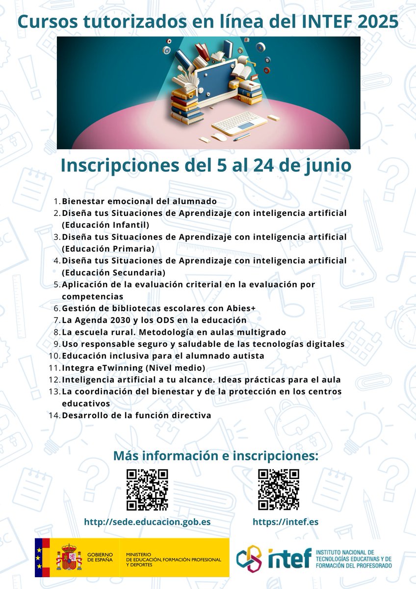 Convocados 14 cursos online del INTEF que comenzarán en septiembre.
Plazo de solicitud hasta 24 de junio de 2025
Más información lc.cx/issDq5
<a href="/CEPdeSevilla/">CEP de Sevilla</a> <a href="/DG_IFP/">DG de Innovación y Formación del Profesorado</a> <a href="/ceplora/">CEP Lora del Río</a> <a href="/cepse4/">CEP MAIRENA DEL ALCOR</a> <a href="/ceplebrija/">CEP Lebrija</a> <a href="/cepcastilleja/">CEP Castilleja</a> <a href="/ceposunaecija/">CEP Osuna-Écija</a>