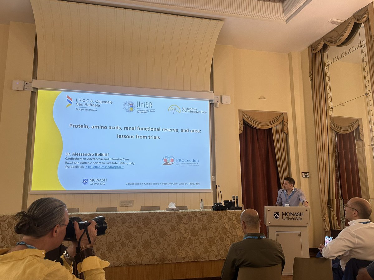 CStoppe's tweet photo. 👏 Stellar presentation by @alebelletti1 on the Protection trial! IV amino acids can reduced AKI in cardiac surgery— key insights, especially for patients with tMCs. Important data, big implications! #Nephrology #ClinicalTrials #PROTECTIONtrial @anzics #prato25 https://t.co/no5NkRB9KT