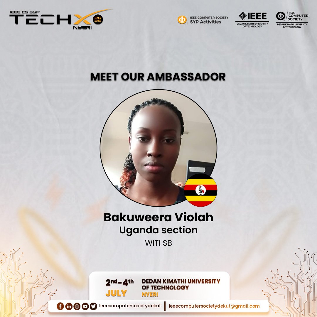 Eronvi222's tweet image. 🌍 Honored to be selected as a TechX Ambassador.
Proudly representing 🇰🇪 via IEEE DeKUT Student Branch &amp;amp; studying at Women’s Institute of Tech, 🇺🇬.
Ready to learn, lead &amp;amp; spark global change in tech! 🚀

#cstechx #cssyp #ieeecs #techxnyeri #IEEEPESKENYA