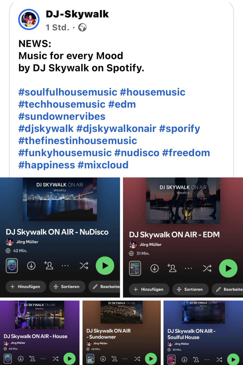 DeejaySkywalk's tweet photo. NEWS:
Music for every Mood
by DJ Skywalk on Spotify.

#soulfulhousemusic #housemusic #techhousemusic #edm #sundownervibes 
#djskywalk #djskywalkonair #sporify  #thefinestinhousemusic #funkyhousemusic #nudisco #freedom #happiness #mixcloud https://t.co/wBT48B4RDU