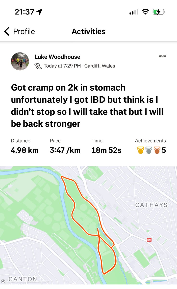 My son is superhuman <a href="/CrohnsColitisUK/">Crohn's & Colitis UK</a> #IBD he posted this on his strava <a href="/WelshAthletics/">Welsh Athletics</a> . Such a tough competitor dealt a life card …. 💜💪👏🏻👏🏻⭐️ . <a href="/NevilleSouthall/">Neville Southall</a> 💙 he has a cup final for his school today ⚽️ such a strong lad is Luke <a href="/NeathHarriers/">Neath Harriers</a> 🖤
