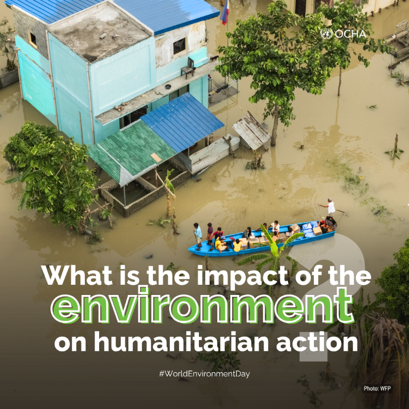 UNOCHA's tweet photo. Many of today’s humanitarian crises are being influenced by environmental factors.

More people are being displaced, facing hunger or losing access to water due to environmental shocks.

On #WorldEnvironmentDay, find out how the environment affects humanitarian action.
