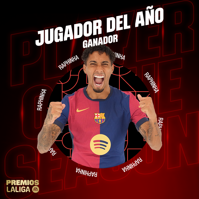 LaLiga's tweet photo. R A P H I N H A. 💙🏆❤ 

🥇 ¡El delantero del @FCBarcelona_es, JUGADOR DEL AÑO de #LALIGAEASPORTS! 

#LALIGAPLAYEROFTHESEASON 
#PREMIOSANUALESLALIGA
