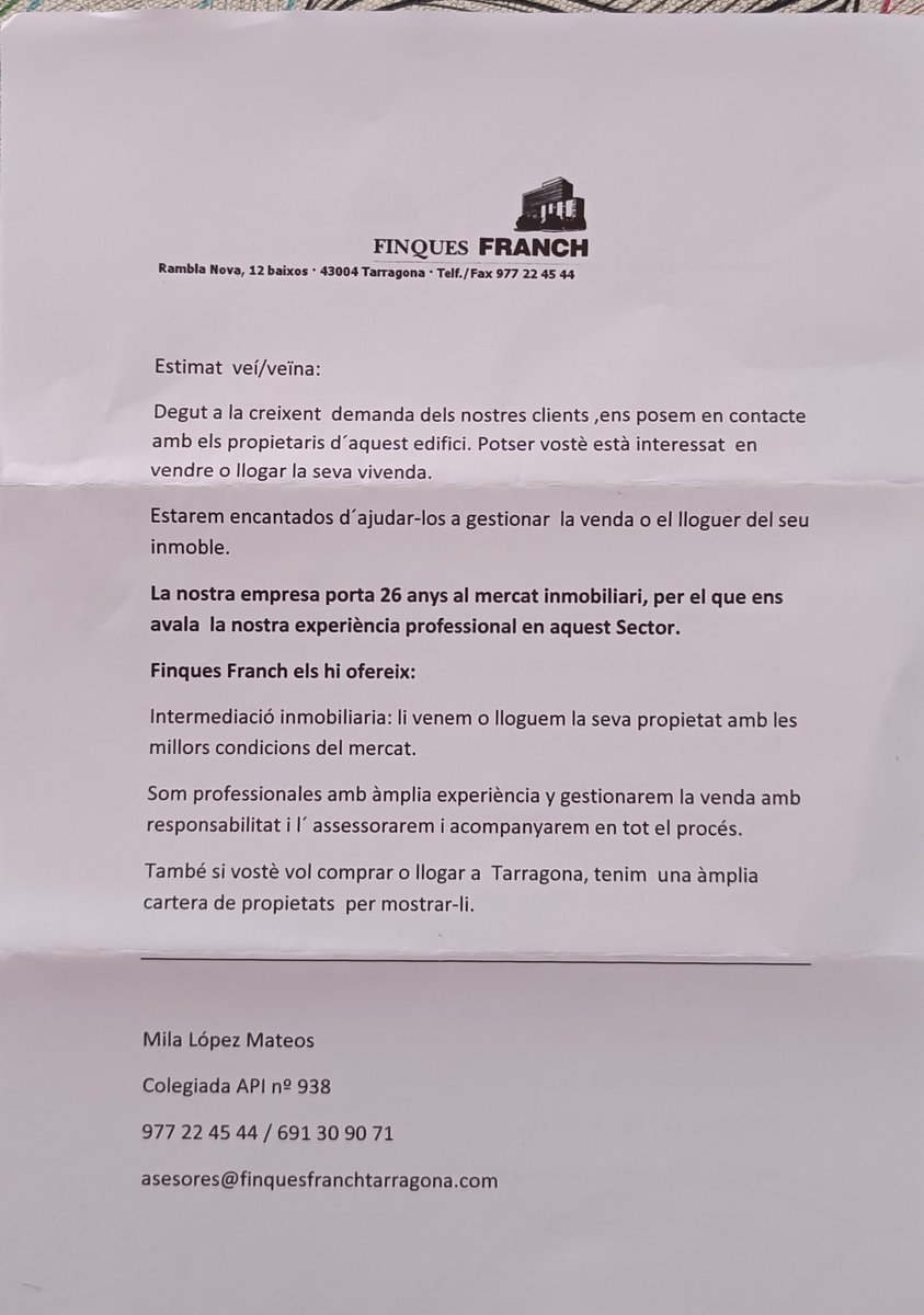 A finques Franch de Tarragona són especialistes en fer desaparéixer els problemes, però no tenen ni idea de fer una carta en català o encara menys de fer servir un traductor. <a href="/etfelicitofill/">EtFelicitoFill</a>