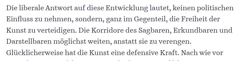 Man muss vermuten der neue Kulturminister hat keine Ahnung, was hier, in östlichen Bundesländern, wo inzwischen rechte Hegemonien bestehen und Linke nicht den Ton angeben, alles "sagbar, erkundbar und darstellbar" ist. Aber er will das noch "weiten". 😳
sueddeutsche.de/kultur/kunstfr…