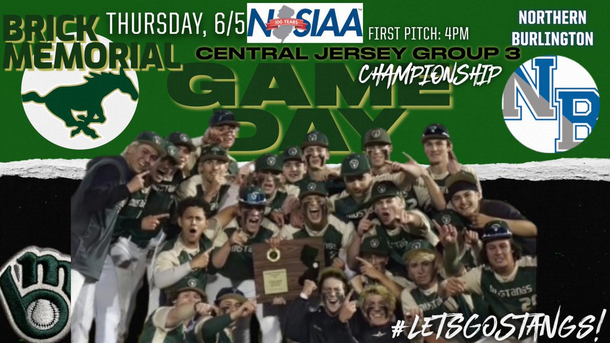 Mustangs (@brickmemorialhs) on Twitter photo Good luck to our BASEBALL TEAM as they take on Northern Burlington today in the CJG3 Sectional Championship! ⚾💪
Also… it’s BATTLE OF THE CLASSES day at BMHS! Let’s bring the energy, Mustangs!! 💚💛 #LetsGoStangs #MustangPride #BattleOfTheClasses Good luck to our BASEBALL TEAM as they take on Northern Burlington today in the CJG3 Sectional Championship! ⚾💪
Also… it’s BATTLE OF THE CLASSES day at BMHS! Let’s bring the energy, Mustangs!! 💚💛 #LetsGoStangs #MustangPride #BattleOfTheClasses