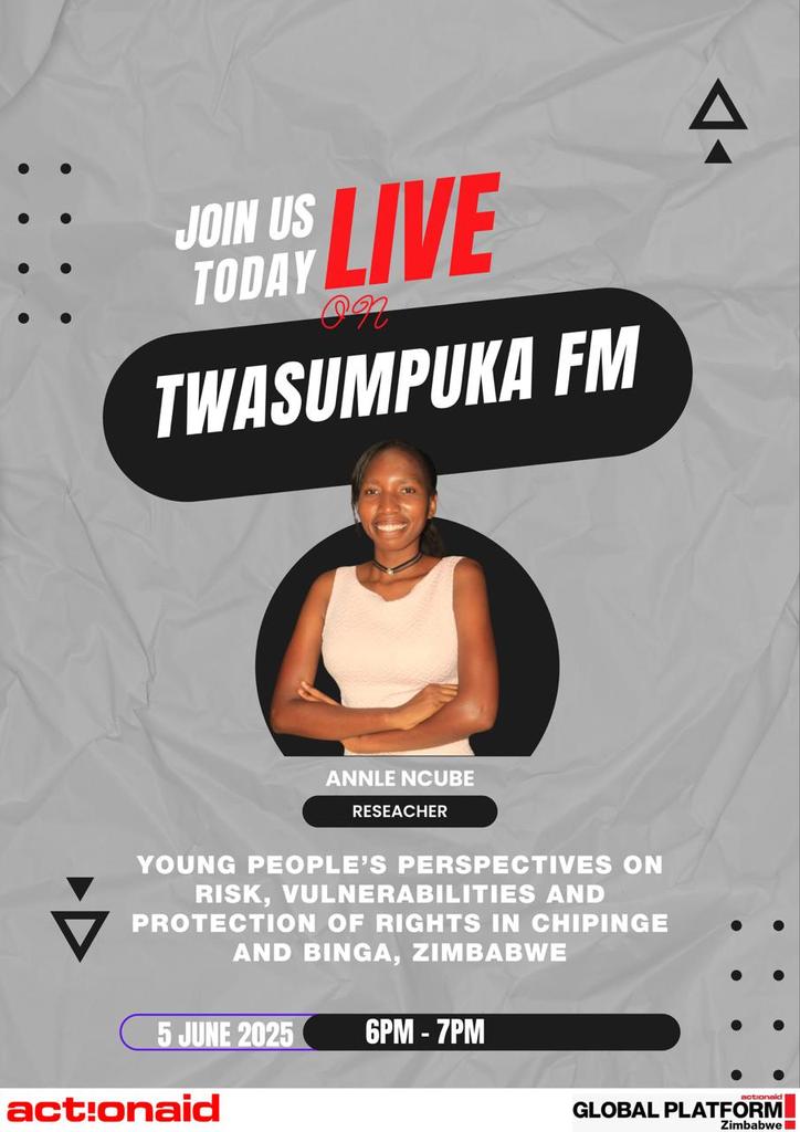 Tatenda (@tatenda1588) on Twitter photo Tune into Twasumpuka FM this evening and hear young people's perspectives on risk, vulnerabilities, and protection of
Rights in Chipinge and Binga, Zimbabwe. <a href="/activista_zim/">Activista Zimbabwe</a> <a href="/gp_zim/">Global Platform Zimbabwe</a> <a href="/diana_harawa/">You(th)Adapt</a> Tune into Twasumpuka FM this evening and hear young people's perspectives on risk, vulnerabilities, and protection of
Rights in Chipinge and Binga, Zimbabwe. <a href="/activista_zim/">Activista Zimbabwe</a> <a href="/gp_zim/">Global Platform Zimbabwe</a> <a href="/diana_harawa/">You(th)Adapt</a>