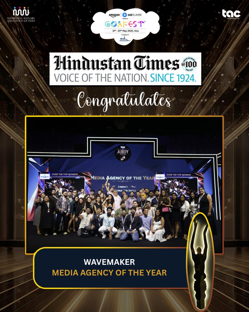 Goafest (@goafestlive1) on Twitter photo Wave to Go!
This one made quite the splash.
Big congratulations to Wavemaker India for winning Media Agency of the Year at Goafest 2025.
#goafestwithht #Goafest2025 #WavemakerIndia #MediaAgencyOfTheYear #abbys
<a href="/htTweets/">Hindustan Times</a> <a href="/ht_media_group/">HT Media Group</a> Wave to Go!
This one made quite the splash.
Big congratulations to Wavemaker India for winning Media Agency of the Year at Goafest 2025.
#goafestwithht #Goafest2025 #WavemakerIndia #MediaAgencyOfTheYear #abbys
<a href="/htTweets/">Hindustan Times</a> <a href="/ht_media_group/">HT Media Group</a>