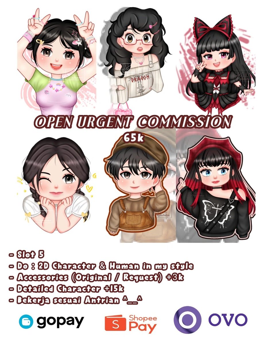 URGENT COMMISSION 🫠

lagi butuh untuk kehidupan sehari hari karena tidak ada pemasukan☝🏻
kalau tertarik langsung DM yaa ^__^

 ♡+↻ really appreciated &lt;3
#opencommission #Chibi #artidn  #wts #wtb #zonajajan