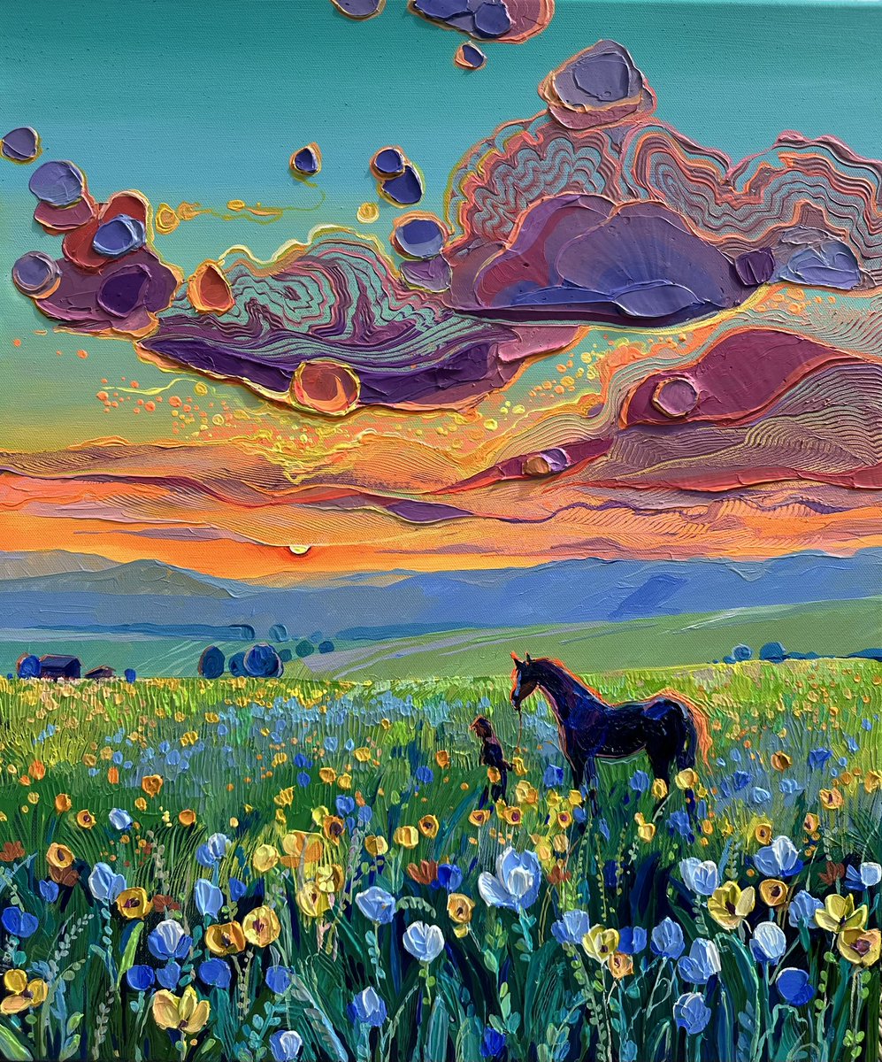 acrylic, canvas 50*60 cm «memory from the past».  I started this painting with the idea of capturing a field of flowers at sunset — a vivid memory from my recent trip to the Alps in late spring. But paintings are rarely born in one day.

On the second day, a wave of melancholy