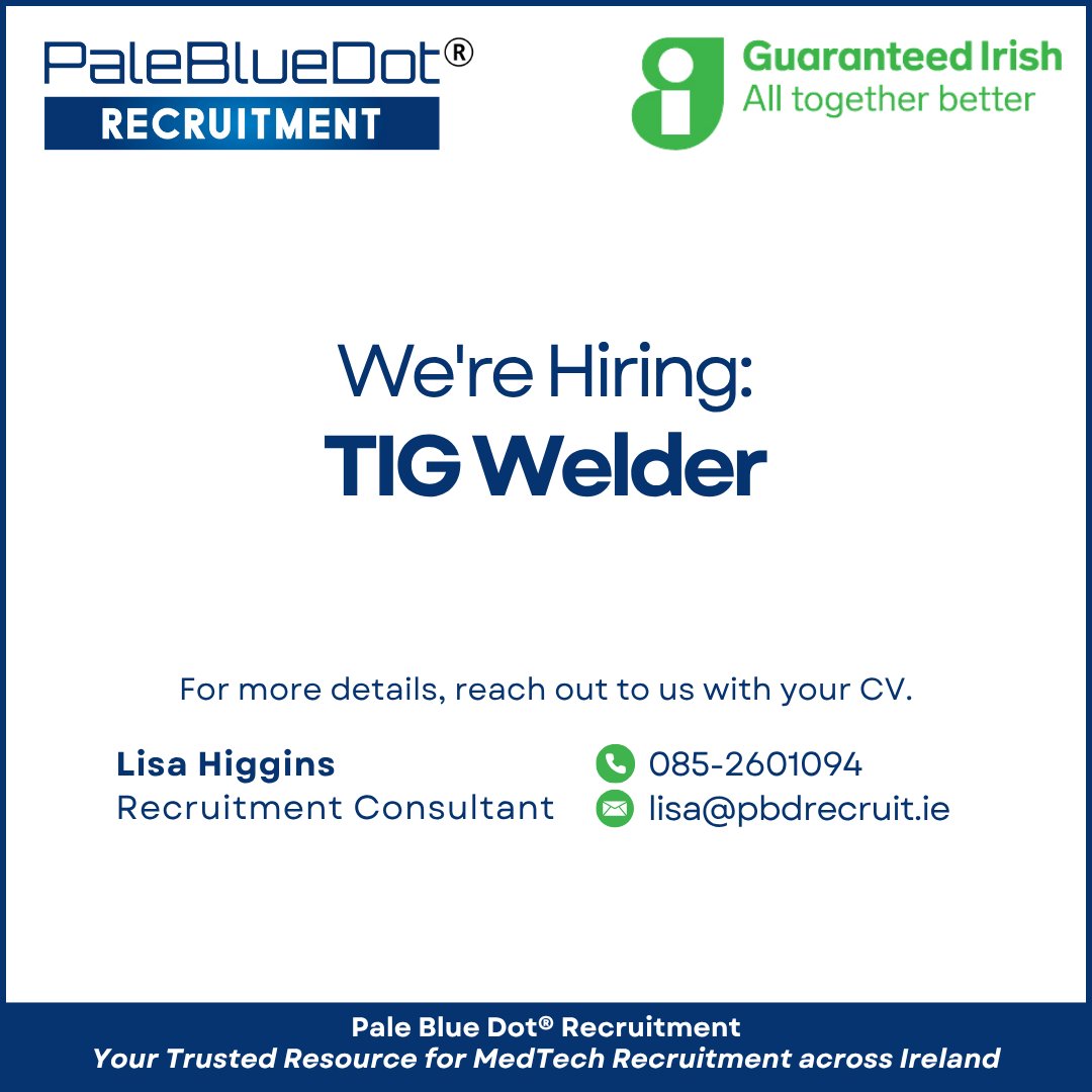 Our client, a leading manufacturer of high-quality stainless steel products in Mayo, is currently seeking an experienced TIG Welder to join their fabrication team. 

Contact Lisa or visit pbdrecruit.ie/explorejobs/#j…
for more details
#PaleBlueDotRecruitment #MedTech