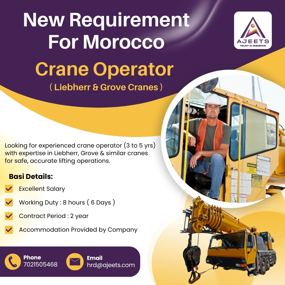 Ajeets Management And Manpower Consultancy (@ajeetsholding) on Twitter photo Crane Operator needed in Morocco ๐ฒ๐ฆ (Liebherr & Grove)
๐ ๏ธ 3โ5 yrs exp | 8-hr shift | 2-yr contract | ๐๏ธ Free stay
๐ 7021505468 | ๐ง hrd@ajeets.com
#CraneOperator #OverseasJobs #JobsInMorocco #ConstructionJobs #Ajeetsconsultancy Crane Operator needed in Morocco ๐ฒ๐ฆ (Liebherr & Grove)
๐ ๏ธ 3โ5 yrs exp | 8-hr shift | 2-yr contract | ๐๏ธ Free stay
๐ 7021505468 | ๐ง hrd@ajeets.com
#CraneOperator #OverseasJobs #JobsInMorocco #ConstructionJobs #Ajeetsconsultancy