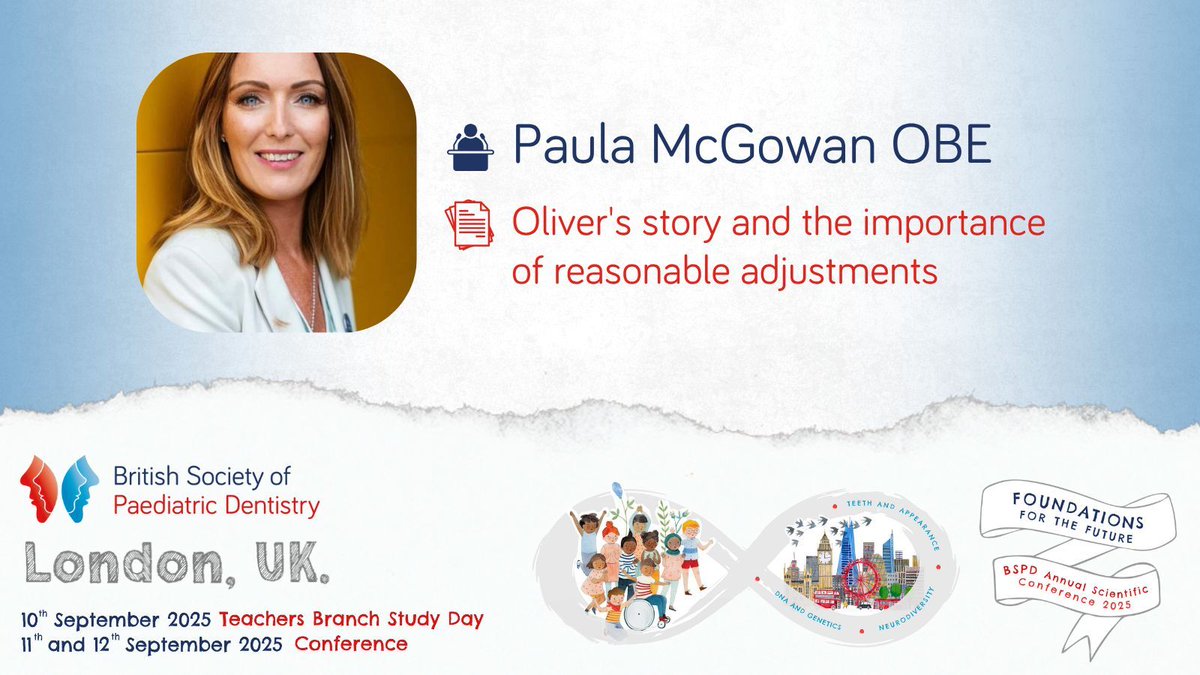 BSPDconf's tweet image. Highlight at #BSPD2025
🎙️ Paula McGowan OBE, Founder of The Oliver McGowan Mandatory Training, NHSE
📄 “Oliver's story and the importance of reasonable adjustments”
Find out more ➡️ fitwise.eventsair.com/bspd-2025/
@bspduk @connectTrainees @bspdteachers #paediatricdentistry #dentist