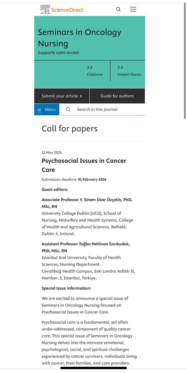Call for papers for a SI in Seminars in Oncology Nursing 🍀