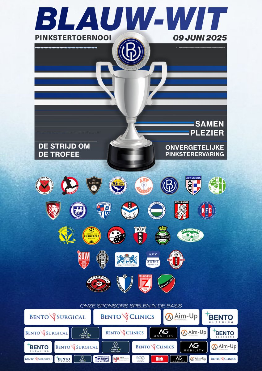 asv_blauw_wit's tweet photo. Maandag knalt het Pinkstertoernooi 2025 los bij ASV Blauw-Wit.
Alles staat klaar. Teams, bedankt voor jullie aanmelding – het wordt onvergetelijk.
⚠️ Laatste plekken: JO8, JO9, MO9, JO10, JO13, JO14
👉 Aanmelden kan nog: https://t.co/3XUnVb9ZEx
Grote dank aan onze sponsoren! https://t.co/9SFtOyhRf6