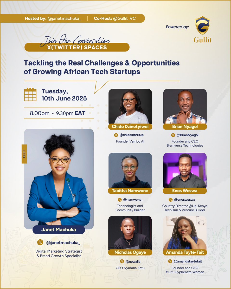 Finally this space is happening in collaboration with <a href="/Gullit_VC/">Gullít VC</a> and <a href="/chidostartsup/">Chido 🌍</a>, <a href="/BrianNyagol/">Brian Nyagol</a>, <a href="/namwone_/">Tabitha Namwone</a>, <a href="/enosweswa/">Enos Weswa</a>, <a href="/nowalla/">Nicholas Ogaye</a> &amp; <a href="/AmandaTayteTait/">Amanda Tayte-Tait</a> 

Topic: Tackling the real challenges &amp; opportunities of growing African tech startups.

Set a reminder: x.com/i/spaces/1OdJr…