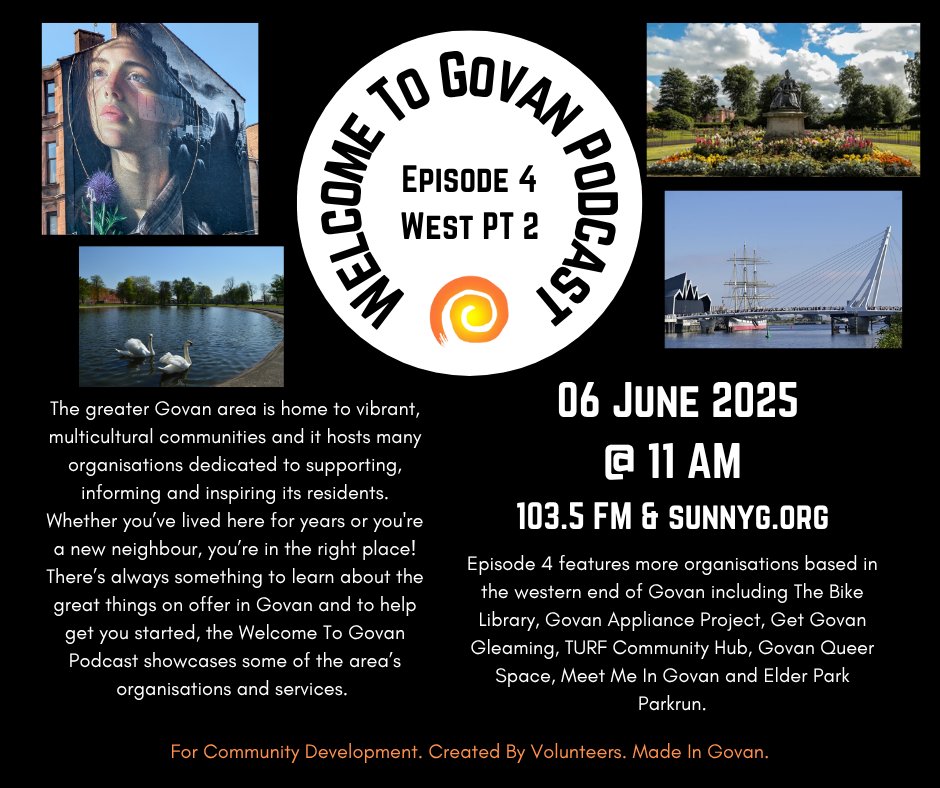 Sunny G Radio (@sunnygradio) on Twitter photo Tune in at 11 AM on Fri 06 June to hear the latest Welcome To Govan Podcast episode!
This one features orgs from the western end of Govan inc <a href="/GovanCP/">Govan Community Project 🧡</a> Bike Library <a href="/GovanProject/">Govan appliance project</a> Get Govan Gleaming, Elder Park Parkrun, Meet Me In Govan, TURF Community Hub and Govan Queer Space. Tune in at 11 AM on Fri 06 June to hear the latest Welcome To Govan Podcast episode!
This one features orgs from the western end of Govan inc <a href="/GovanCP/">Govan Community Project 🧡</a> Bike Library <a href="/GovanProject/">Govan appliance project</a> Get Govan Gleaming, Elder Park Parkrun, Meet Me In Govan, TURF Community Hub and Govan Queer Space.