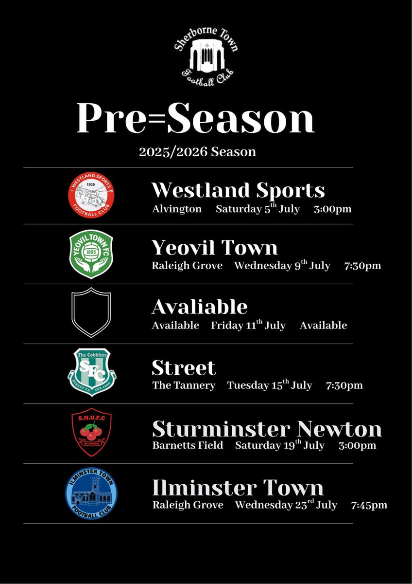 Sherborne Town FC (@sherbornetownfc) on Twitter photo Here’s a reminder of our pre season schedule. We still have Friday 11th July available, but it just be an away game. If you are interested please DM us to arrange #Zebras #COYZ <a href="/WessexLeague/">Velocity Wessex League</a> <a href="/swsportsnews/">South West Sports News</a> <a href="/_WesternLeague_/">Western League</a> <a href="/swpleague/">WALTER C. PARSON PENINSULA LEAGUE</a> <a href="/NonLeagueCrowd/">Non League Crowds</a> Here’s a reminder of our pre season schedule. We still have Friday 11th July available, but it just be an away game. If you are interested please DM us to arrange #Zebras #COYZ <a href="/WessexLeague/">Velocity Wessex League</a> <a href="/swsportsnews/">South West Sports News</a> <a href="/_WesternLeague_/">Western League</a> <a href="/swpleague/">WALTER C. PARSON PENINSULA LEAGUE</a> <a href="/NonLeagueCrowd/">Non League Crowds</a>
