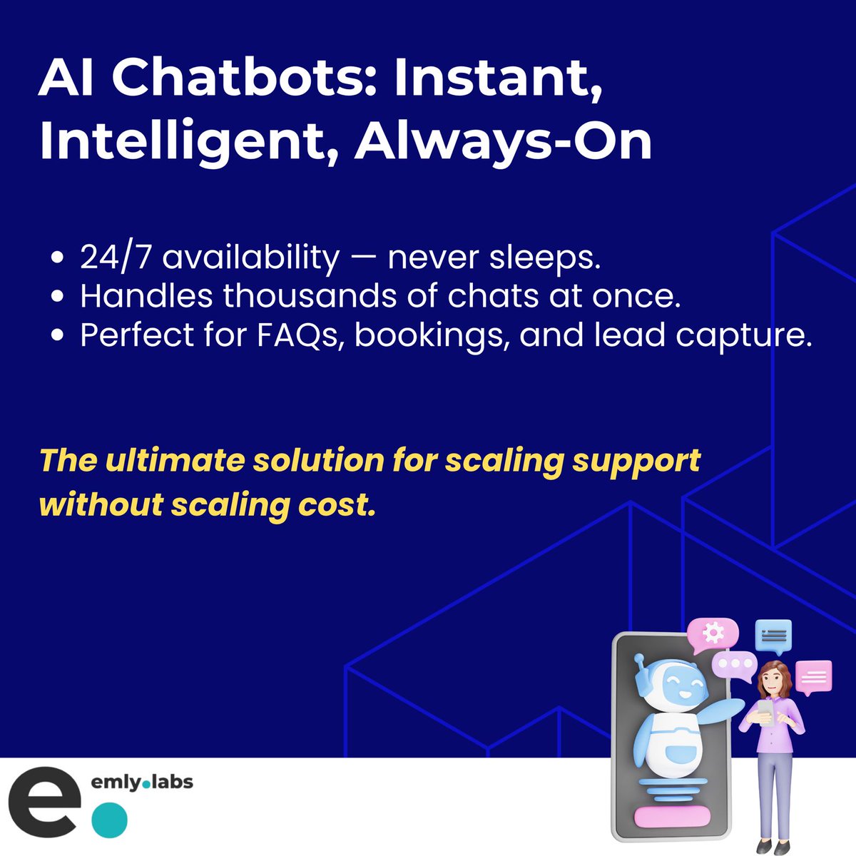emlylabs's tweet image. 4/. 🤖 AI Chatbots: Instant. Intelligent. Always-On.
✔️ 24/7 support
✔️ Handles thousands of chats
✔️ Great for FAQs, bookings &amp;amp; lead gen
Scalable support without scaling cost.
#AIChatbots #Automation #TechForCX
cc @chrmanning @xlth @stratorob @Ahmed43101178 @PythonRoboto…