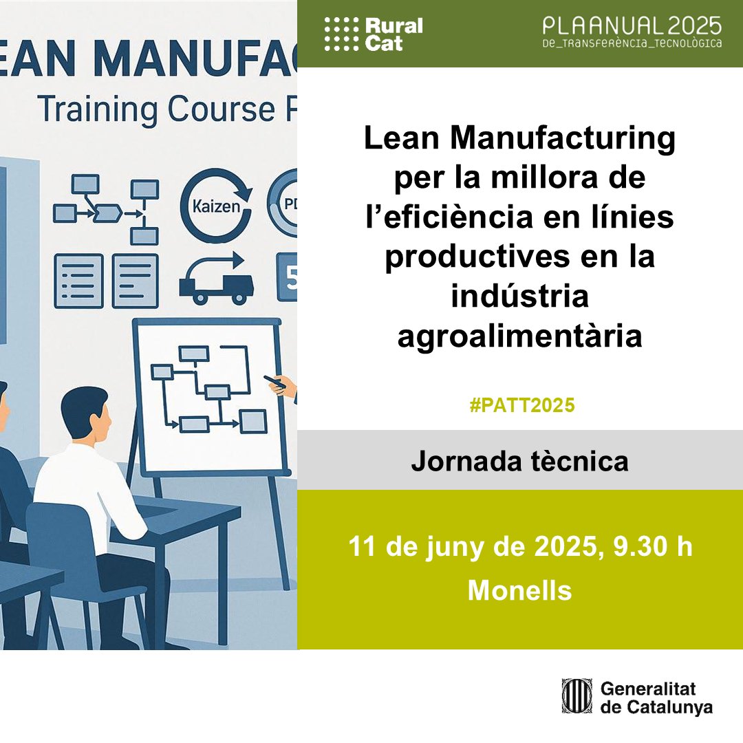 Ruralcat (@ruralcat) on Twitter photo 📌Jornada tècnica: Lean Manufacturing per la millora de l'eficiència en línies productives en la indústria agroalimentària #PATT2025
📍 Monells
🗓️ 11 de juny de 2025
🕘 9.30 h
ow.ly/okMw50VYGUQ
<a href="/eaemporda/">Escola Agrària i Alimentària de l'Empordà</a> 📌Jornada tècnica: Lean Manufacturing per la millora de l'eficiència en línies productives en la indústria agroalimentària #PATT2025
📍 Monells
🗓️ 11 de juny de 2025
🕘 9.30 h
ow.ly/okMw50VYGUQ
<a href="/eaemporda/">Escola Agrària i Alimentària de l'Empordà</a>