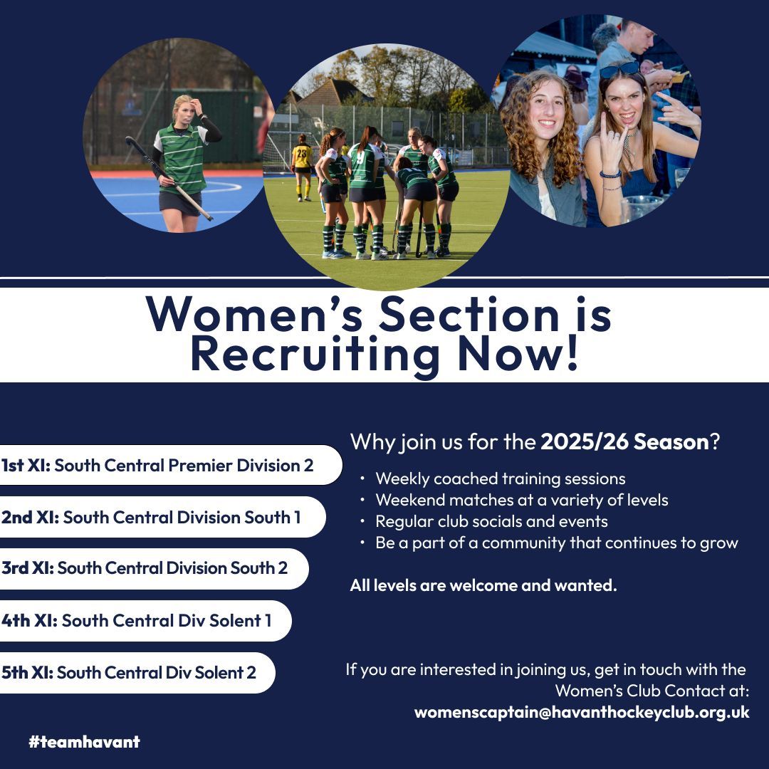 We want you for the 2025/26 season at Havant Hockey Club!
Come join us at whatever level you play and have some fun this new season, don't hesitate to reach out if your interested. 

#TeamHavant   #BleedGreen
@stuart8wealth  @boxchilli  @lalyspharmacyuk  @pickettsandpursers