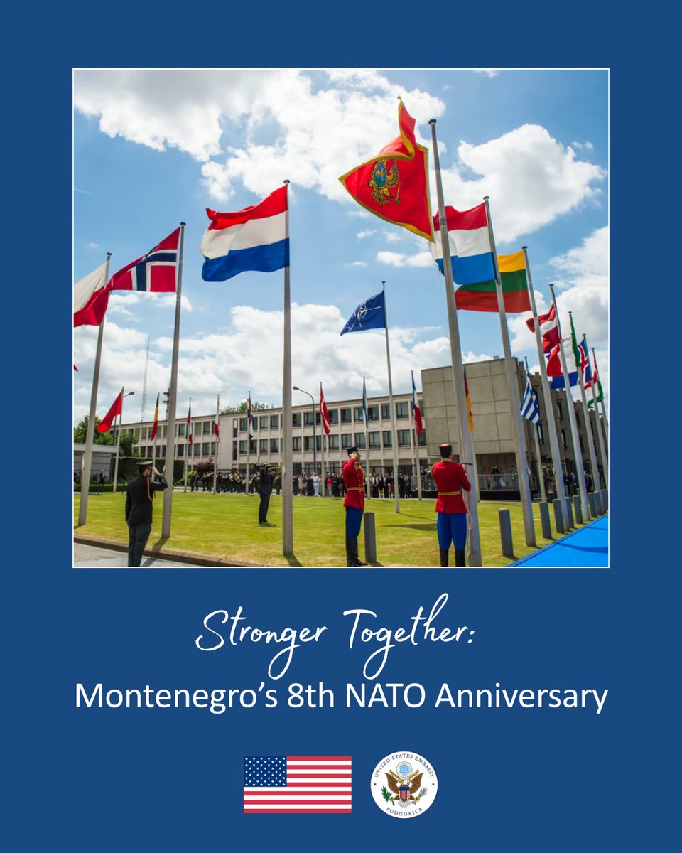 I join the people of 🇲🇪 in celebrating the 8th anniversary of #Montenegro membership in <a href="/NATO/">NATO</a>! 🎉 Congratulations!  Here’s to continuing our enduring partnership and shared commitment to peace and security as #FriendsPartnersAllies for the years to come. #StrongerTogether 🇺🇸🤝🇲🇪