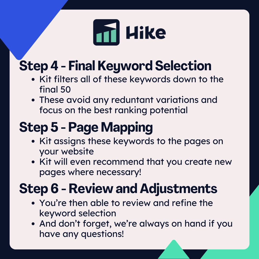 Say hello to Kit — Hike’s AI SEO agent that does your SEO for you. 💡

Kit’s very first step is building your keyword strategy - but how does this work?

From understanding your business to selecting high-impact keywords and mapping them to your site, Kit handles it all — fast,