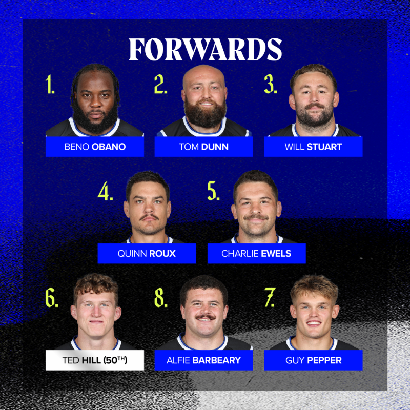 BathRugby's tweet photo. 𝐓𝐞𝐚𝐦’𝐬 𝐮𝐩 🔵⚫️⚪️

For the final home game of the season, here is your matchday squad set to take on Bristol Bears at The Rec! 

A play-off doesn’t get much bigger than a West County derby in Bath, so get ready to bring the noise 🙌