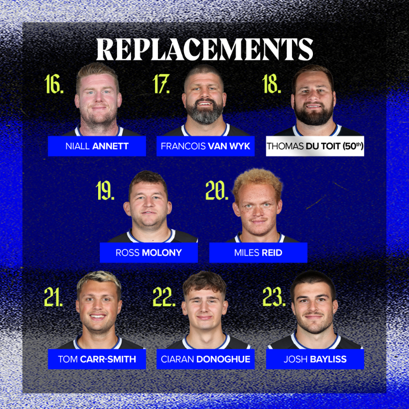 BathRugby's tweet photo. 𝐓𝐞𝐚𝐦’𝐬 𝐮𝐩 🔵⚫️⚪️

For the final home game of the season, here is your matchday squad set to take on Bristol Bears at The Rec! 

A play-off doesn’t get much bigger than a West County derby in Bath, so get ready to bring the noise 🙌