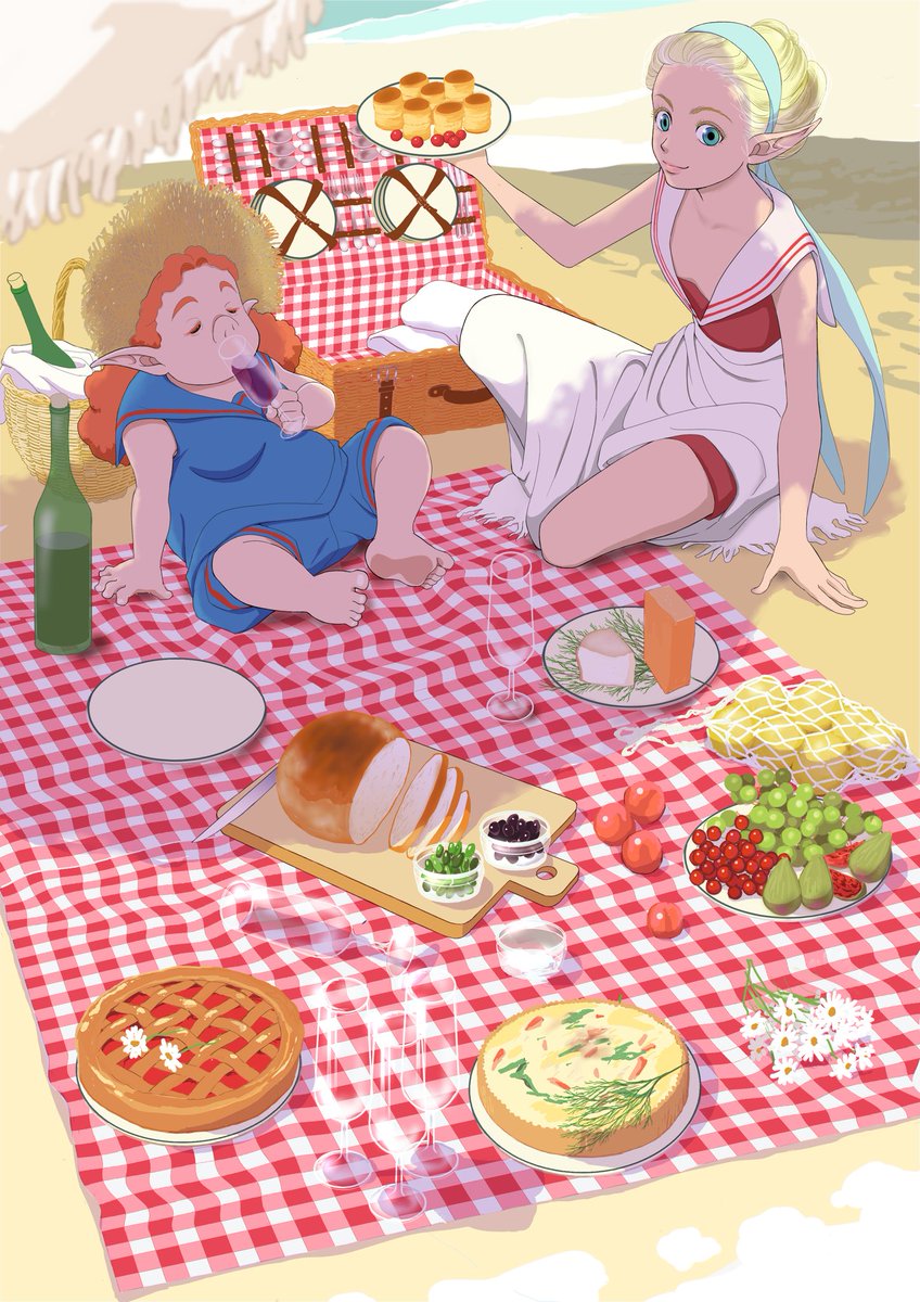 レトロな海水浴ピクニックにピクニックバスケットはマストアイテム　描いてるうちに小物が増えて過去一時間かかりました　シャンパン飲みたかったけど見えないからワイン