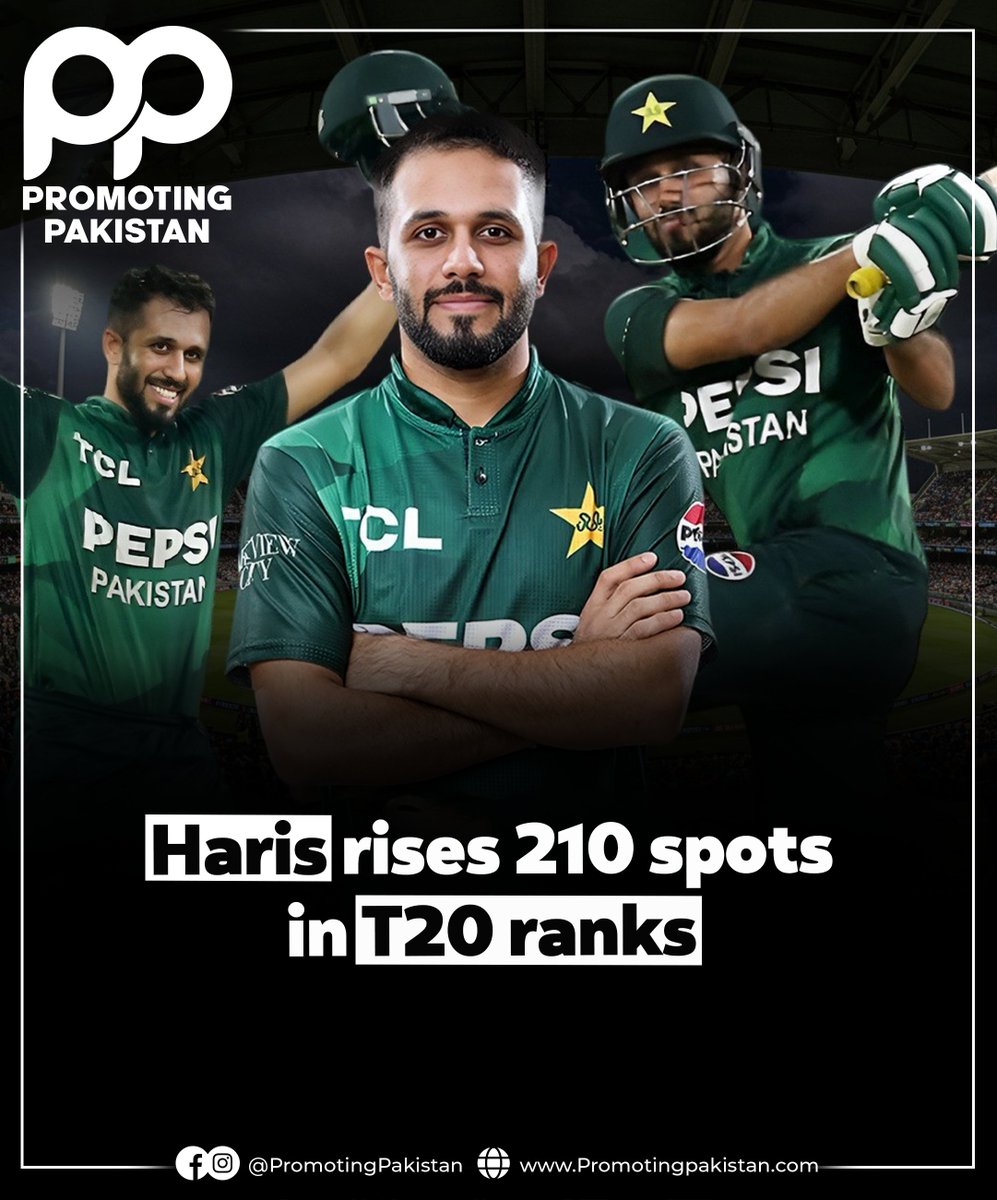 PromotingPK's tweet photo. Pakistan tops the ICC T20I rankings after a 3-0 sweep over Bangladesh! Big gains for Haris, Nawaz, and Shadab. #PromotingPakistan #CricketNews #ICC #CricketFans #BangladeshVsPakistan #CricketHighlights #MohammadHaris #CricketUpdates #SportsInPakistan #PakistanCricket https://t.co/2lXnoe9oL9