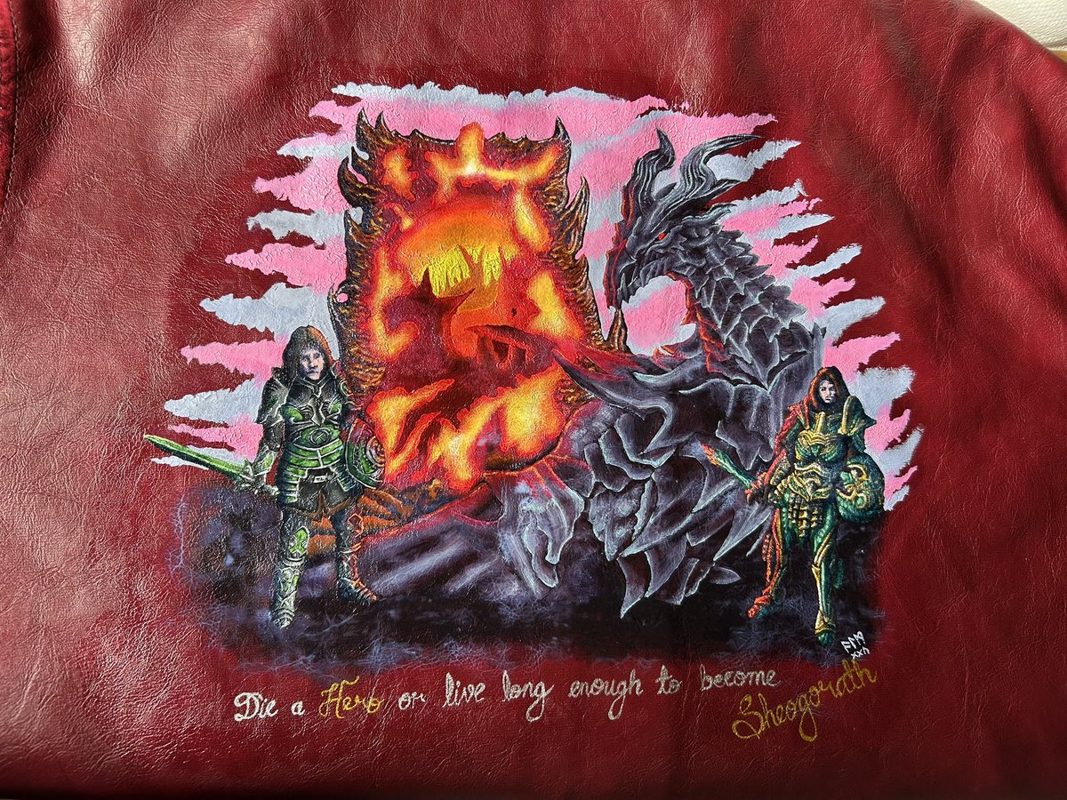 Elder Scrolls custom painted jacket for myself (not for monetary gain), based on Oblivion and Skyrim. #acrylicpainting #customjacket #oblivion #skyrim #alduin #glassarmour