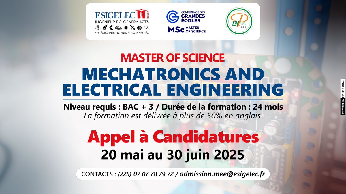 𝐈𝐍𝐏-𝐇𝐁/𝐄𝐒𝐈𝐆𝐄𝐋𝐄𝐂/𝐑𝐀𝐏𝐏𝐄𝐋 : 𝐀𝐏𝐏𝐄𝐋 𝐀 𝐂𝐀𝐍𝐃𝐈𝐃𝐀𝐓𝐈𝐑𝐄𝐒 𝐌𝐀𝐒𝐓𝐄𝐑 𝐎𝐅 𝐒𝐂𝐈𝐄𝐍𝐂𝐄 𝐌𝐄𝐂𝐇𝐀𝐓𝐑𝐎𝐍𝐈𝐂𝐒 𝐀𝐍𝐃 𝐄𝐋𝐄𝐂𝐓𝐑𝐈𝐂𝐀𝐋
Plus d'information sur: inphb.ci