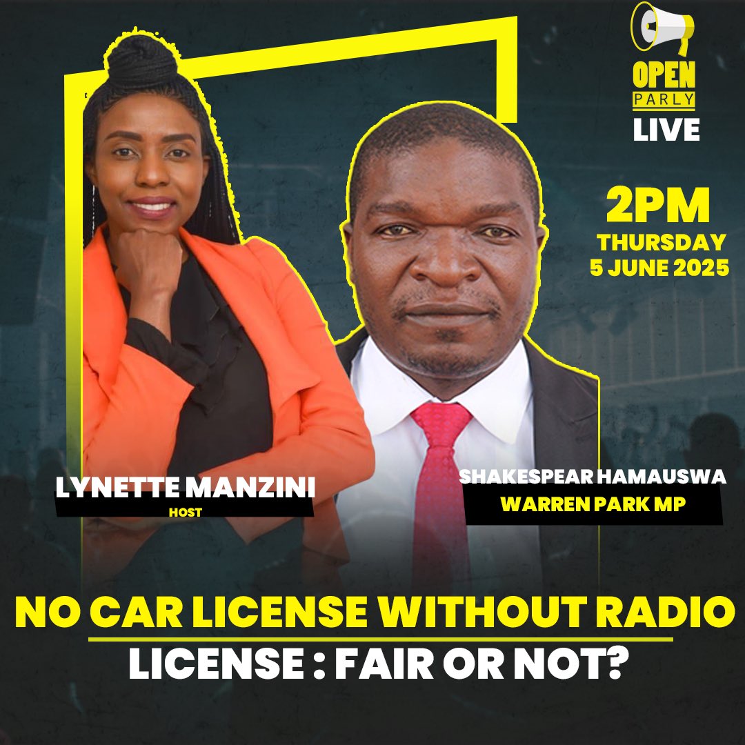 Open Parly ZW (@openparlyzw) on Twitter photo No Car License Without Radio License : Fair or Not?
This week on Open Parly Live, Lynette Manzini <a href="/lnmanzini/">Lynette N Manzini</a> talks to Warren Park MP Shakespear Hamauswa <a href="/shamauswa/">Hon. Dr. Shakespear Hamauswa</a> about Zimbabwe’s new law that links your vehicle license to a ZBC radio fee.
Is it fair to force citizens to pay No Car License Without Radio License : Fair or Not?
This week on Open Parly Live, Lynette Manzini <a href="/lnmanzini/">Lynette N Manzini</a> talks to Warren Park MP Shakespear Hamauswa <a href="/shamauswa/">Hon. Dr. Shakespear Hamauswa</a> about Zimbabwe’s new law that links your vehicle license to a ZBC radio fee.
Is it fair to force citizens to pay